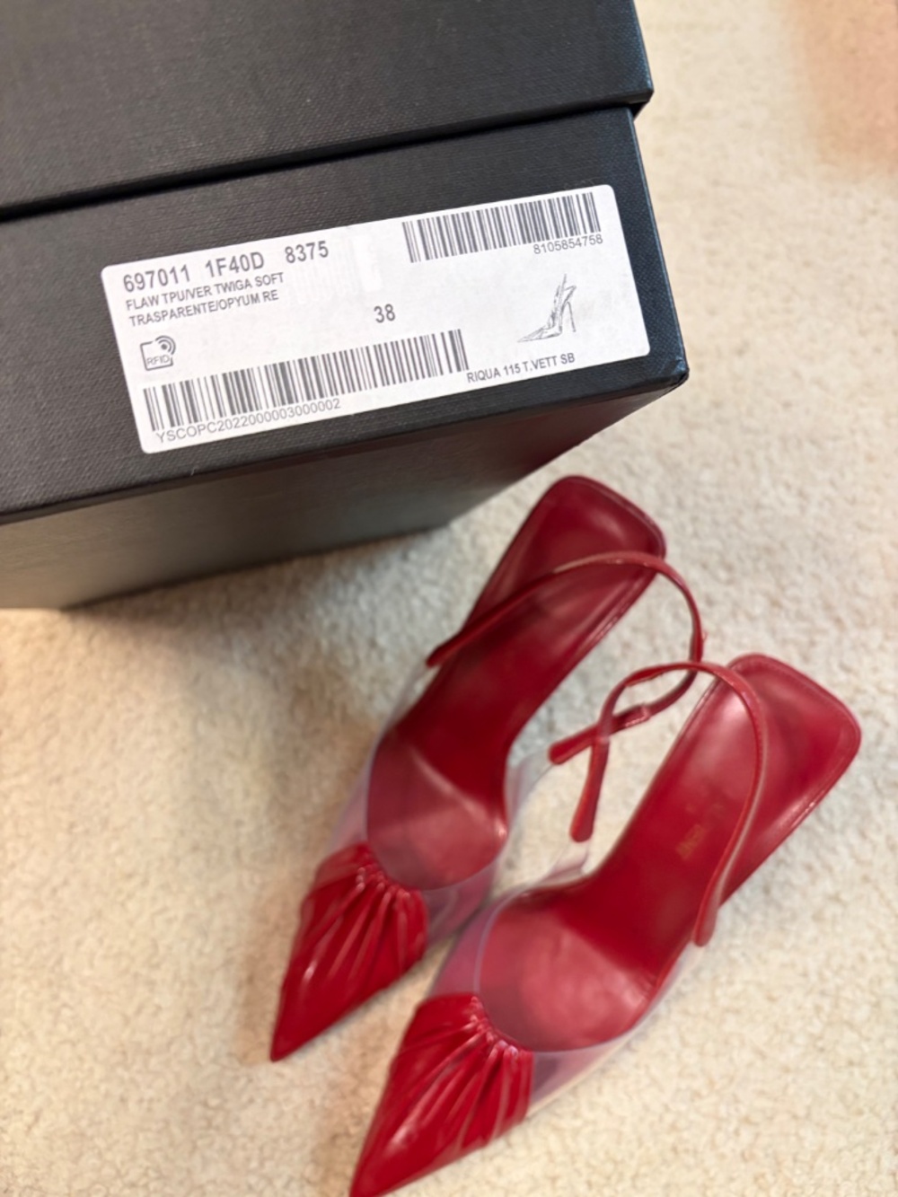 $1,095 SAINT LAURENT Frida Leather And Pvc Slingback Pumps In Cherry - Picture 13 of 13